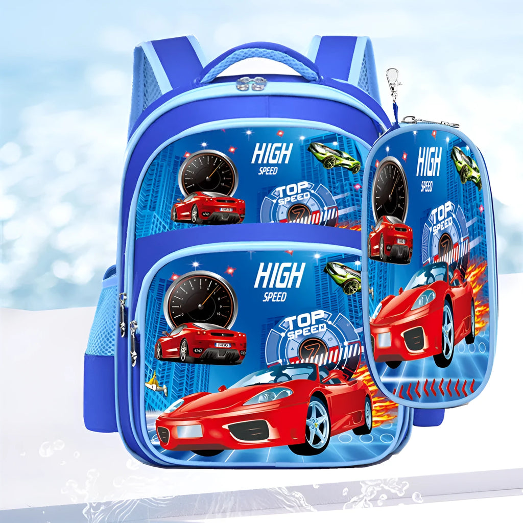 Cartoon print children's nylon backpack in blue colours with a pencil case.