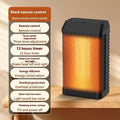 Black desktop smart heater with remote control on a wooden desk