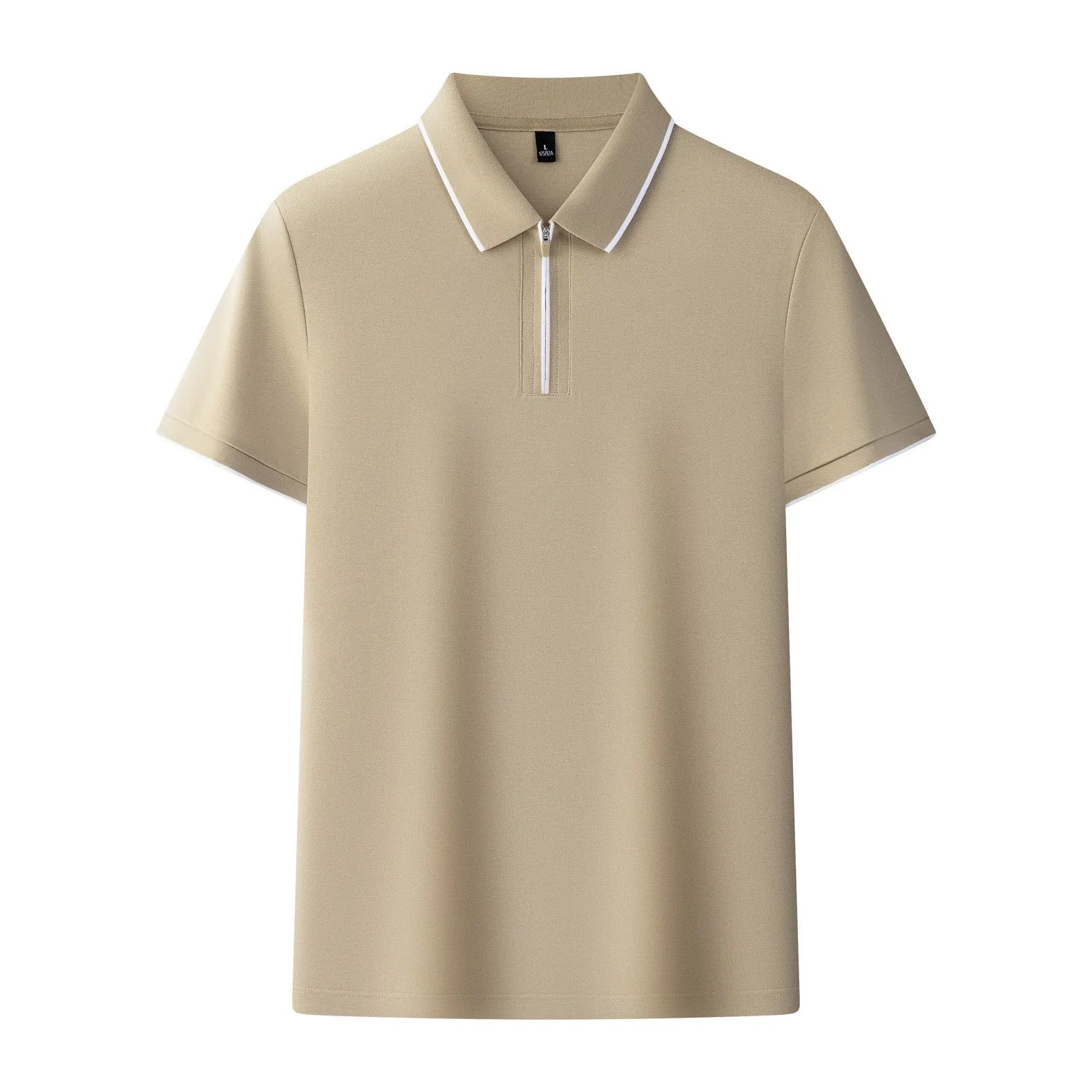 Man wearing a solid colour zip-front short sleeve polo shirt in long-staple cotton.