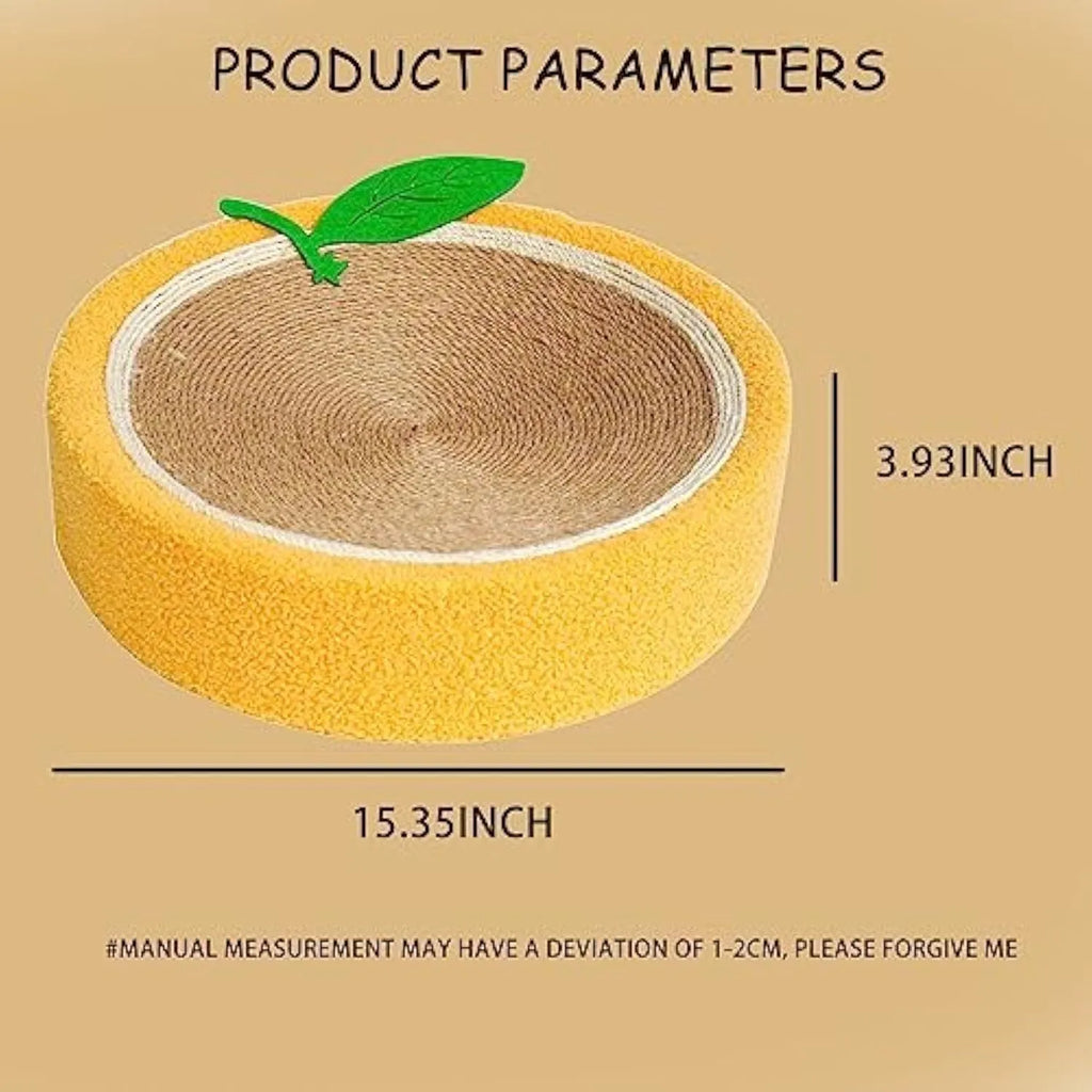 Yellow round sisal cat scratching board and bed for small breeds.