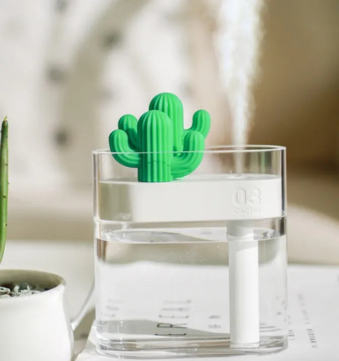 Transparent green cactus portable USB humidifier on a desktop with cable, 120x45x93mm