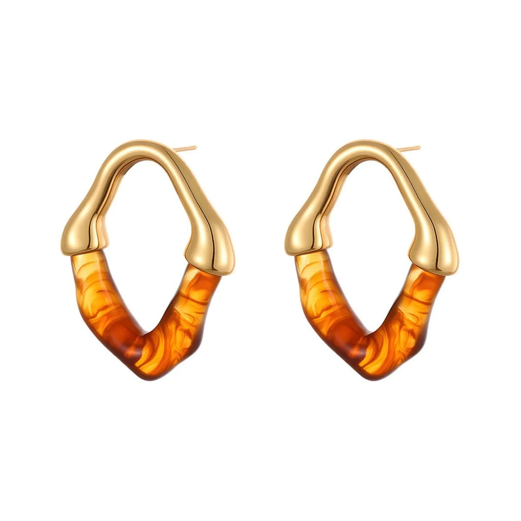 Women's stainless steel earrings with colour resin stitching in pink and blue, 18K electroplated finish