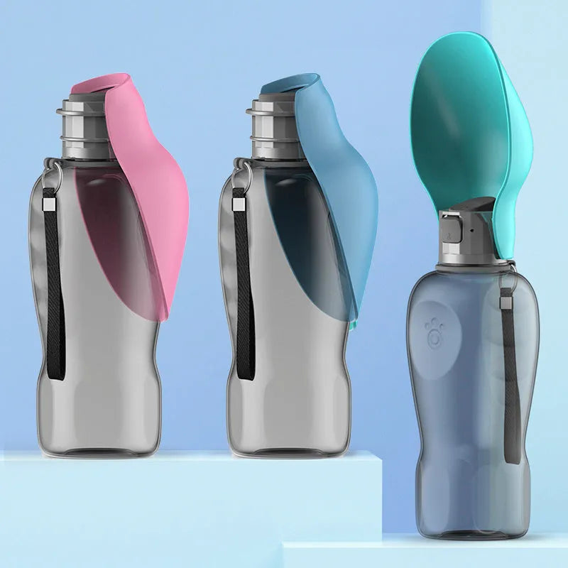 Blue grey foldable dog water bottle with drinking trough extended, showing 800ml capacity markings