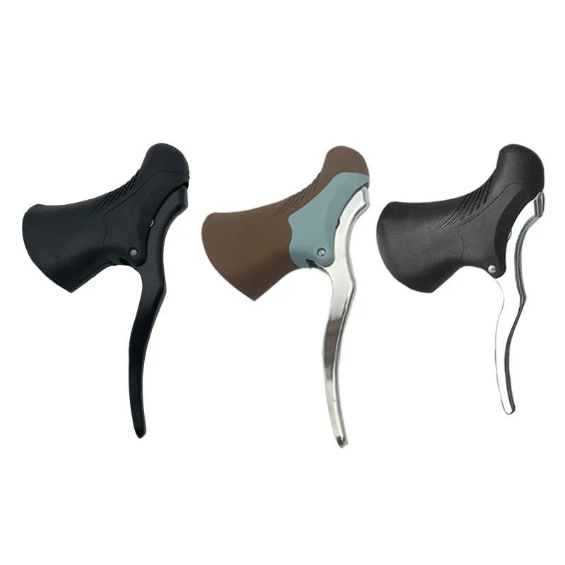 A pair of aluminium road bicycle brake handles in black and black silver finishes.