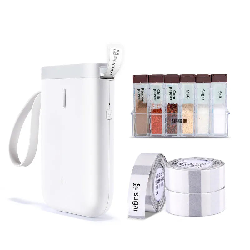 D11 Bluetooth thermal label printer with compact design showing dimensions and included accessories