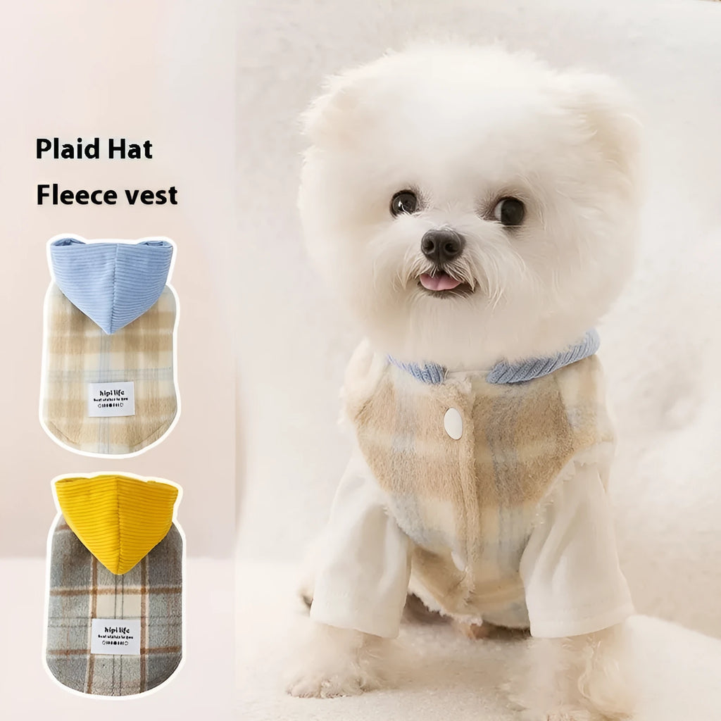 Chessboard grid pattern hooded corduroy dog traction vest in blue or yellow