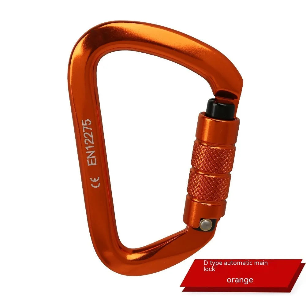 D-shaped rock climbing carabiner with automatic gate shown in orange, alongside a threaded gate version in black.