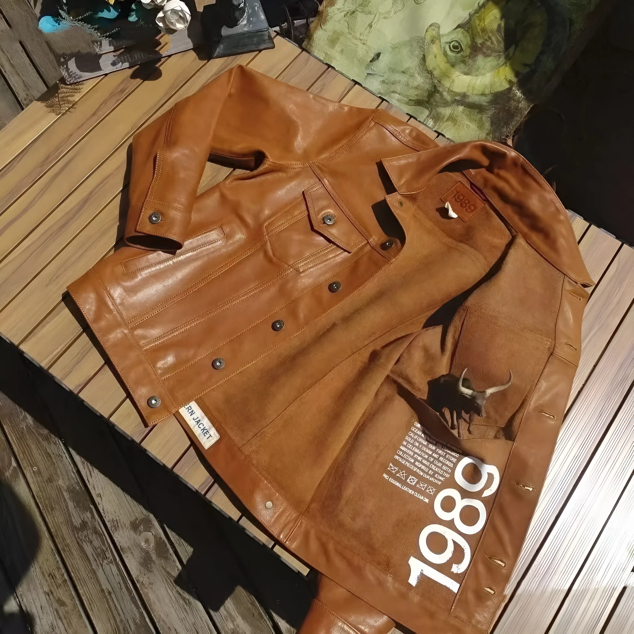 Men's cowhide leather vest jacket ultra-short retro workwear black coffee colour front view