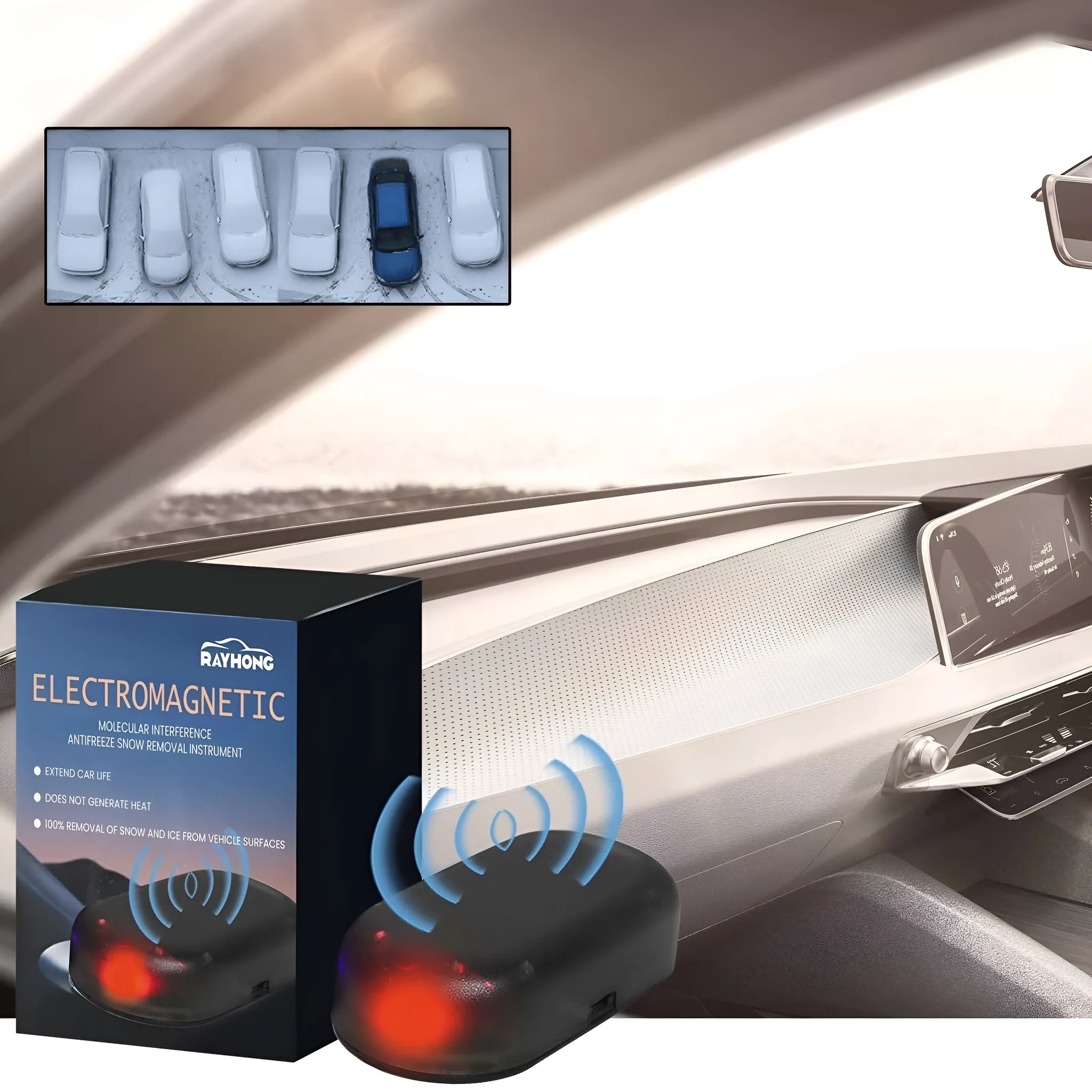 Black car windscreen de-icer tool measuring 5 by 2.6 by 1.5 centimetres.