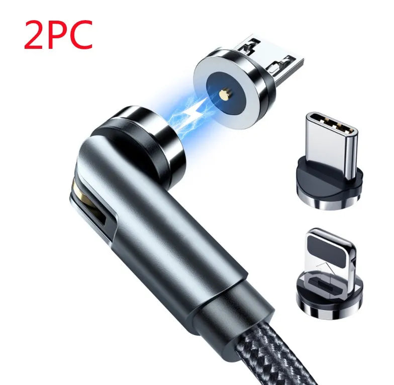 Essager black magnetic charging cable with blue LED light, showing 360-degree rotating connector.