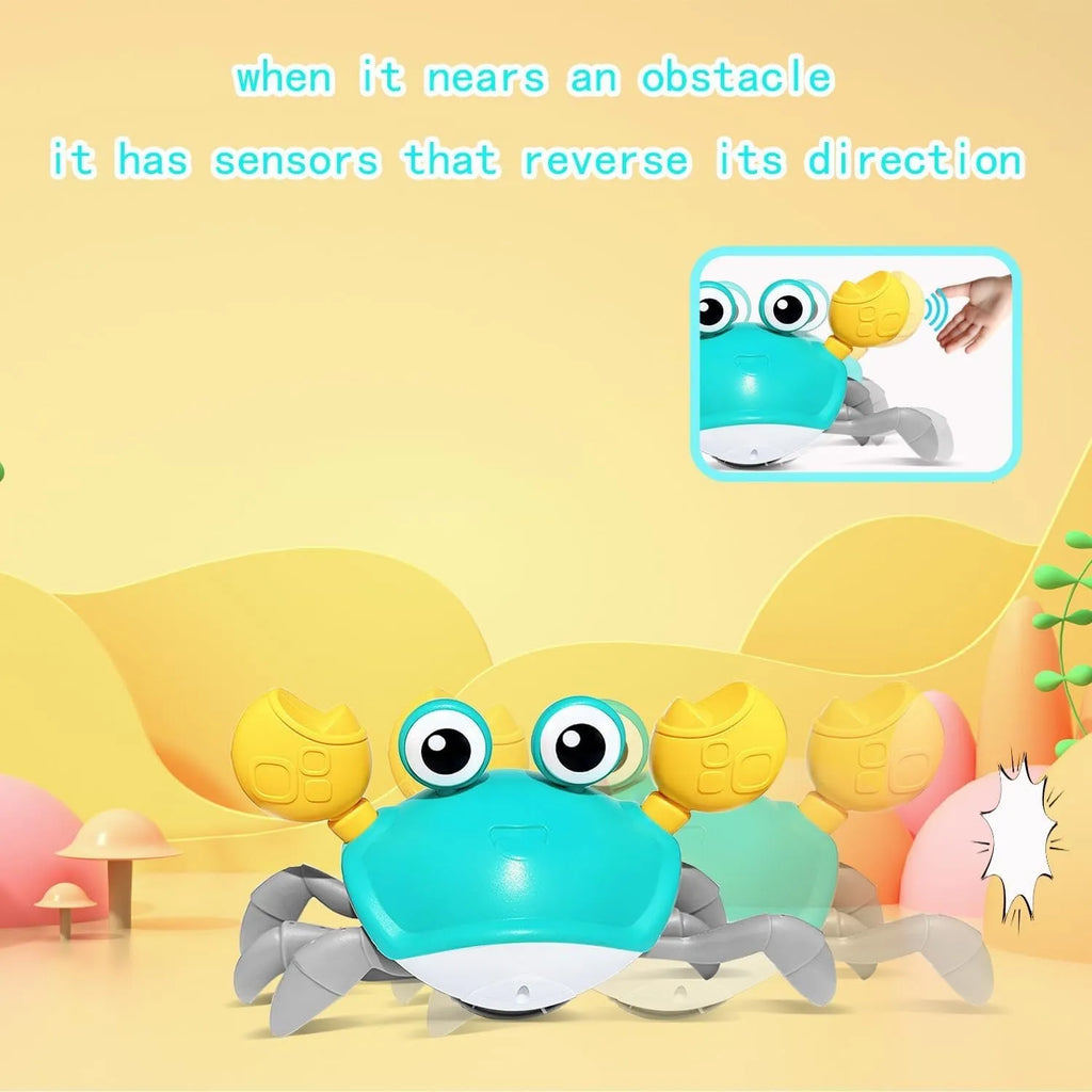 Blue electronic crab dog toy with lights on a floor, demonstrating side-crawling movement.