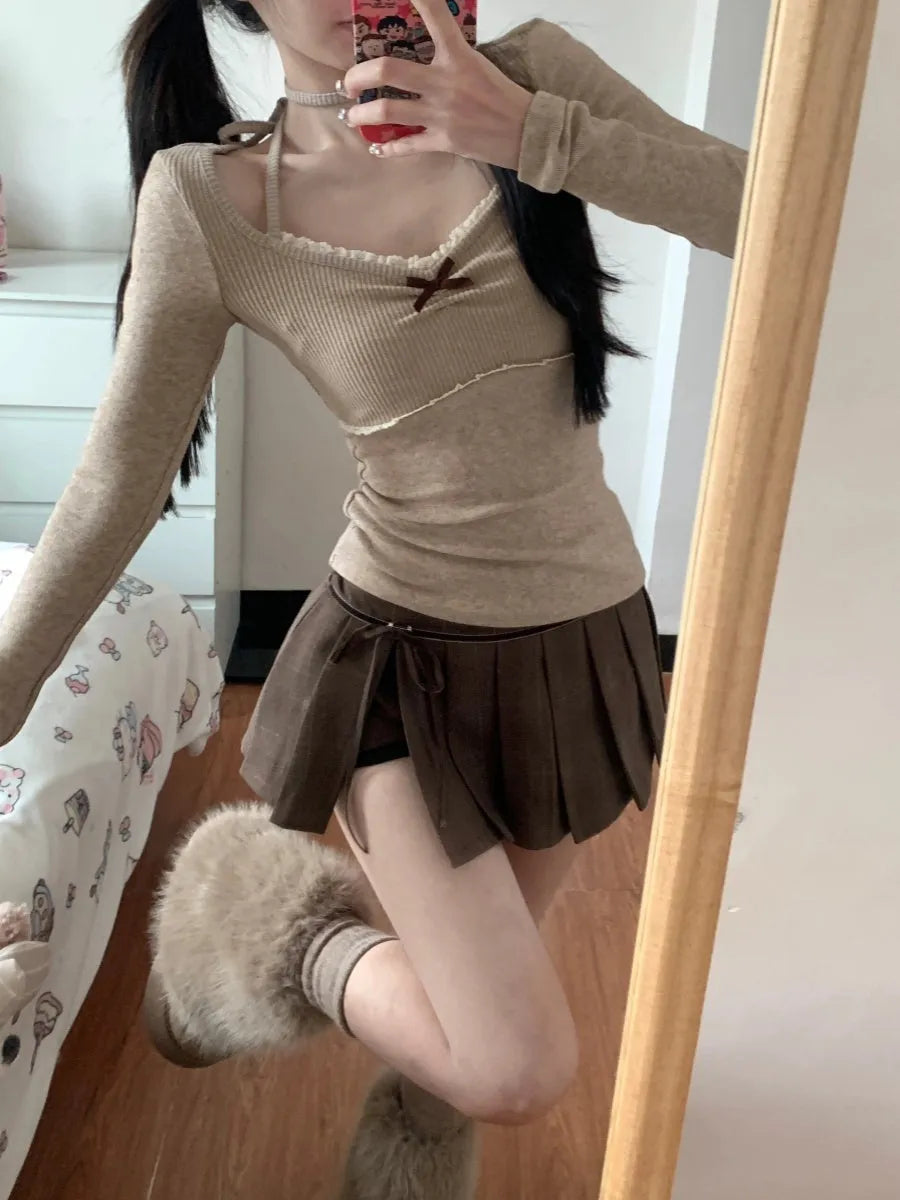 Halter lace V-neck sweater women's spring slim fit milk tea colour top front view