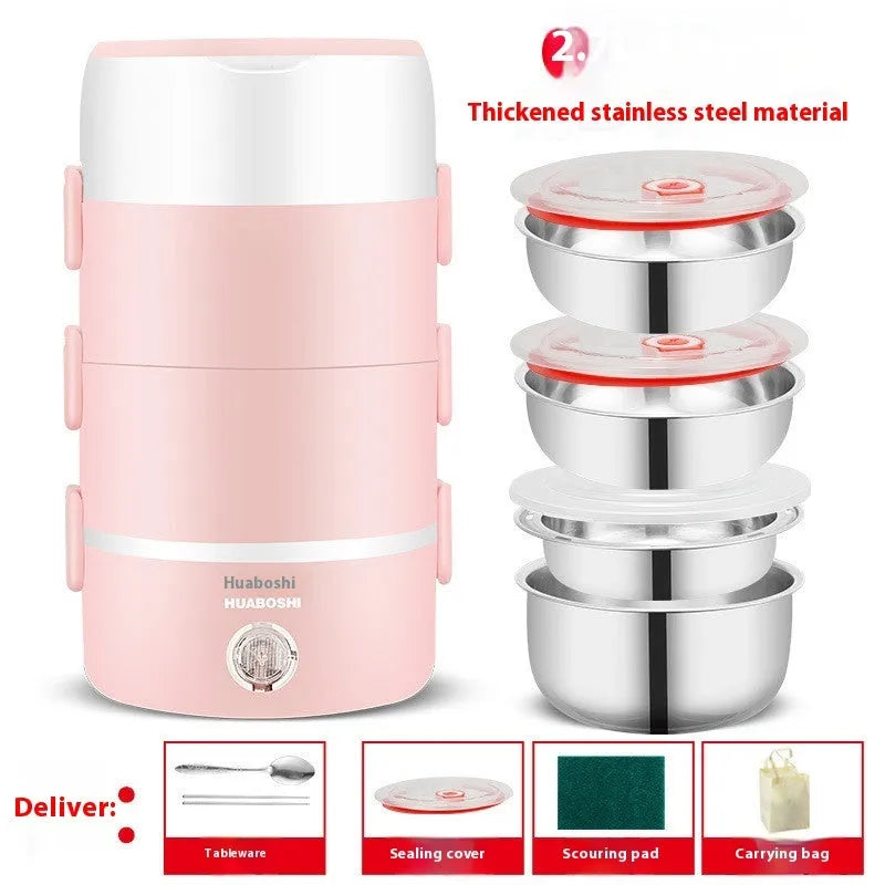 Portable plug-in insulated lunch box with stainless steel inner liner, coffee colour, double layer configuration, on a desk