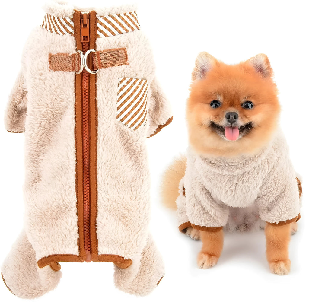 Small dog wearing green fleece coat with back zipper, four-leg winter pajamas for Chihuahua size