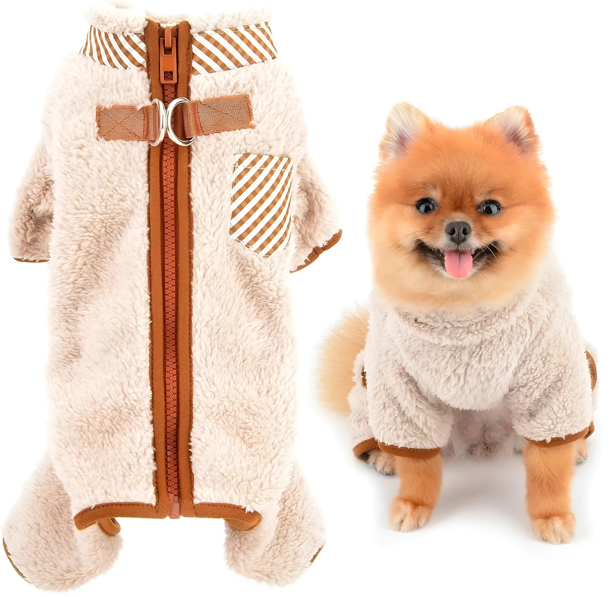 Small dog wearing green fleece coat with back zipper, four-leg winter pajamas for Chihuahua size
