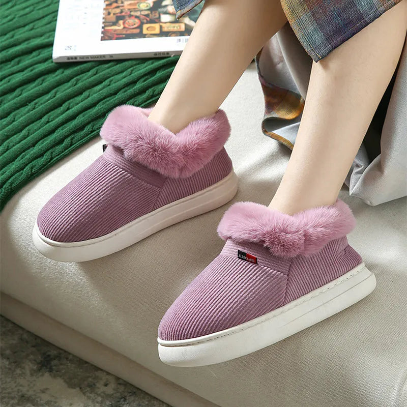 Plush corduroy house slippers for men and women with warm fleece lining and PVC sole, in Coffee, Grey, Pink, or Purple