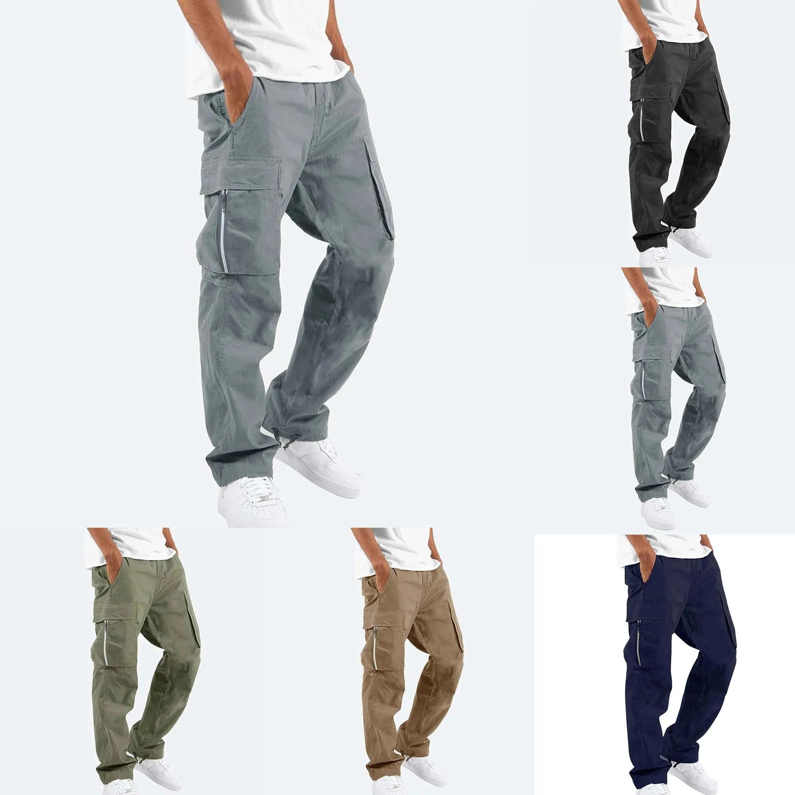Men's cotton blend work trousers in army green with drawstring elastic waist, side view