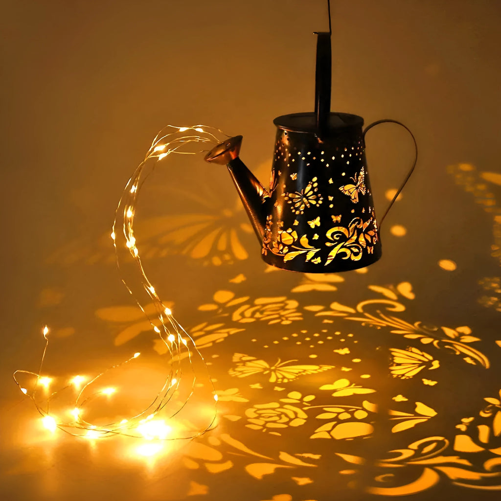 Solar garden lamp with iron butterfly pattern and tapered design in warm white