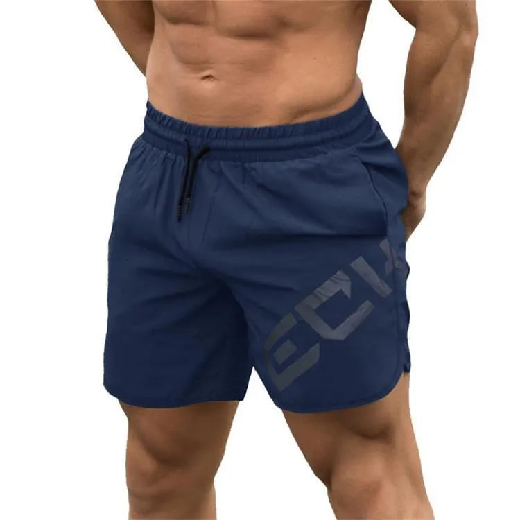 Men's black elastic training running shorts with knee-length cut and quick-dry fabric