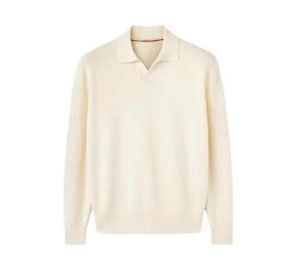 Milky white pure wool lapel collar polo sweater laid flat, showing loose fit and long sleeves.