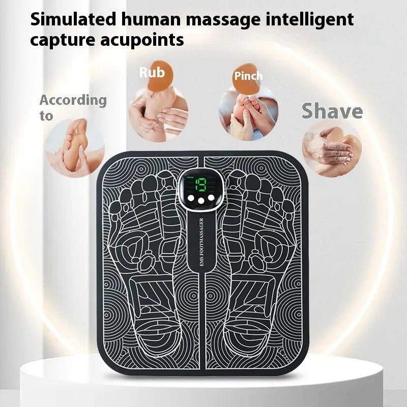 Blue USB rechargeable foot reflexology massage mat with remote control and adjustable intensity settings