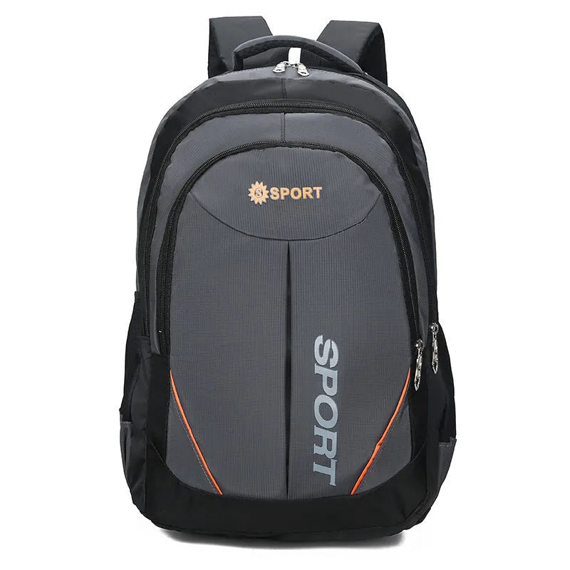 Large nylon laptop travel backpack in black with curved shoulder straps and letter detailing