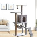 Wood cat tower with light grey semi hemp column and integrated space-saving design for indoor cats