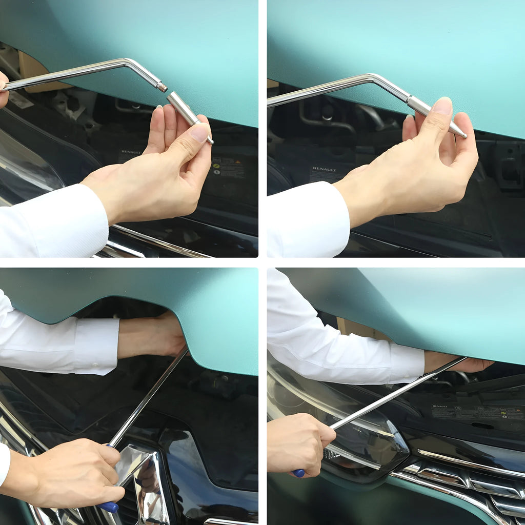 Three alloy steel hook crowbar tools for car dent repair and panel straightening.