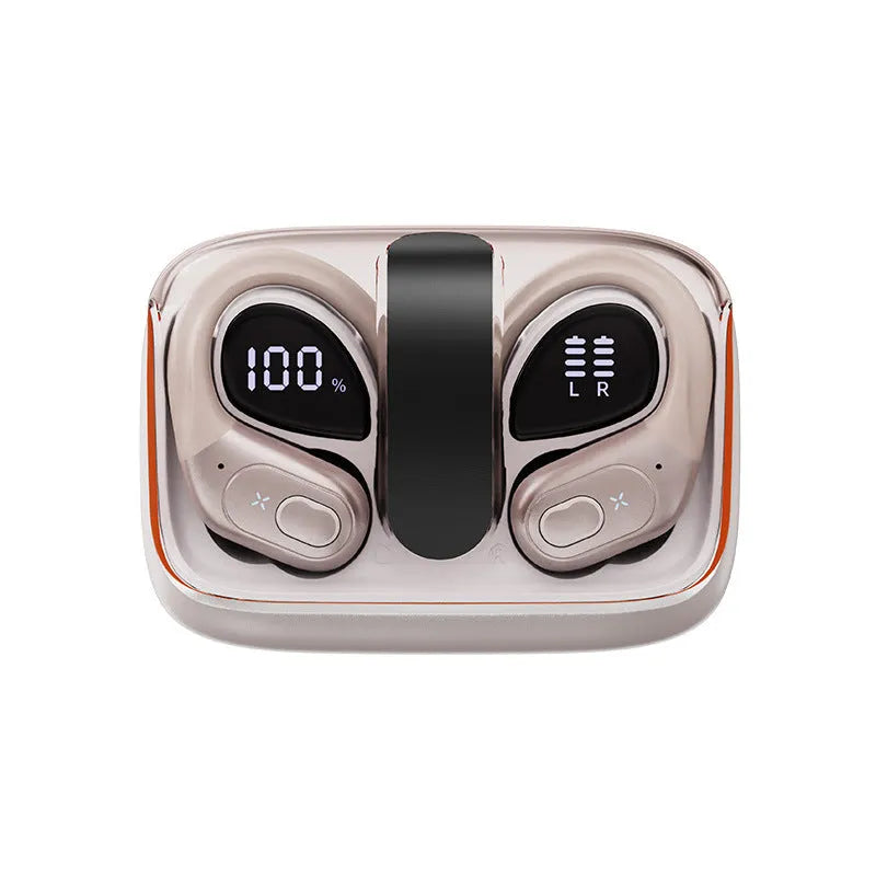 Wireless ear-hook headset in black with stereo noise reduction and digital display case