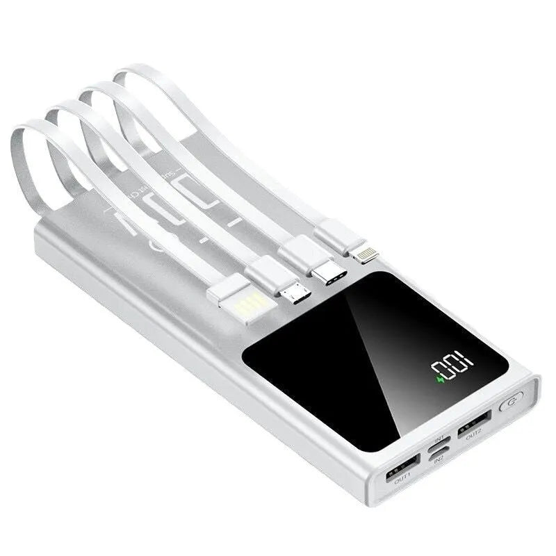 Ultra-thin portable mini power bank in black, white, purple, or blue, 145 x 68 x 15mm, plastic shell, fast charging.