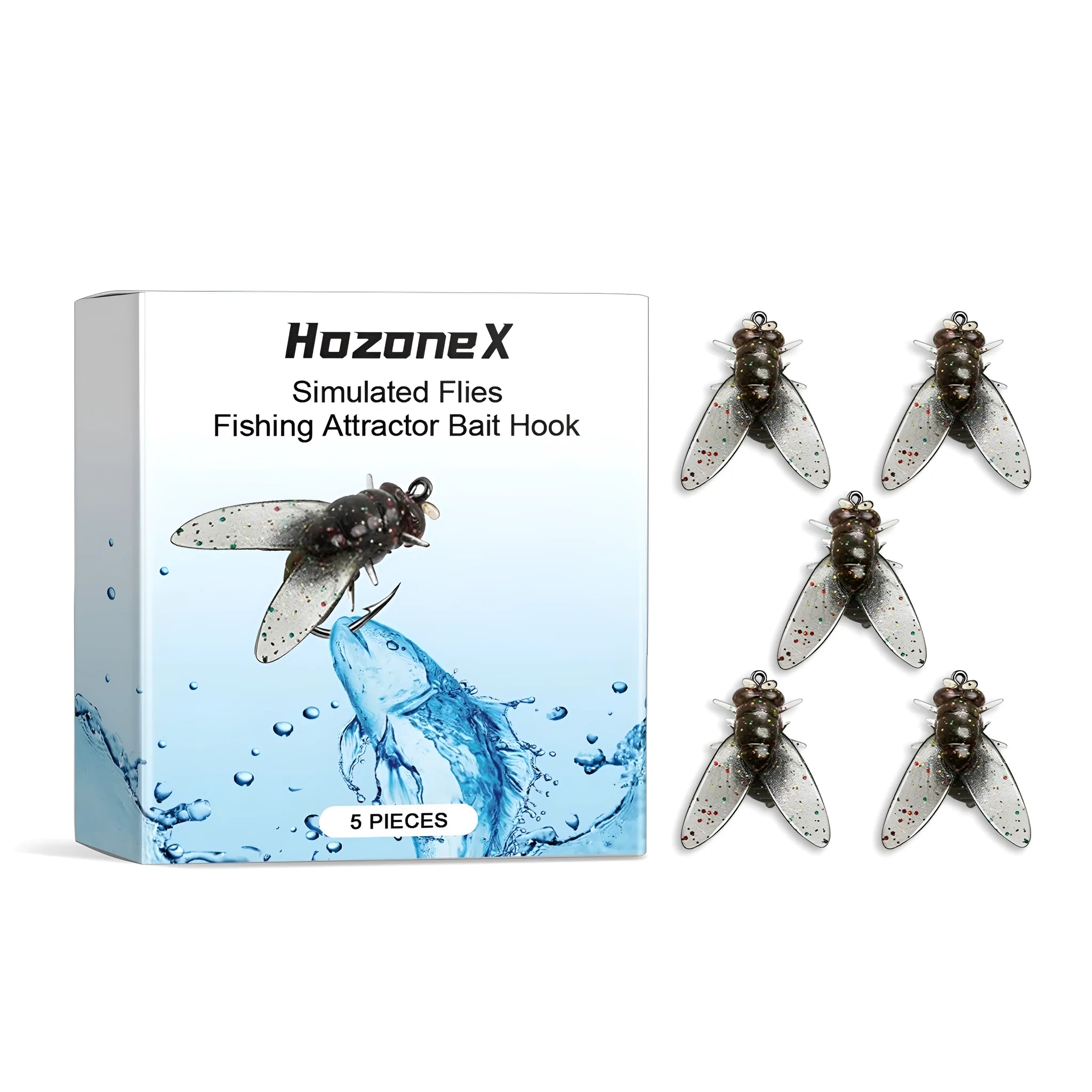 Five small, insect-shaped soft fishing lures in a pack, each measuring 1.5cm.