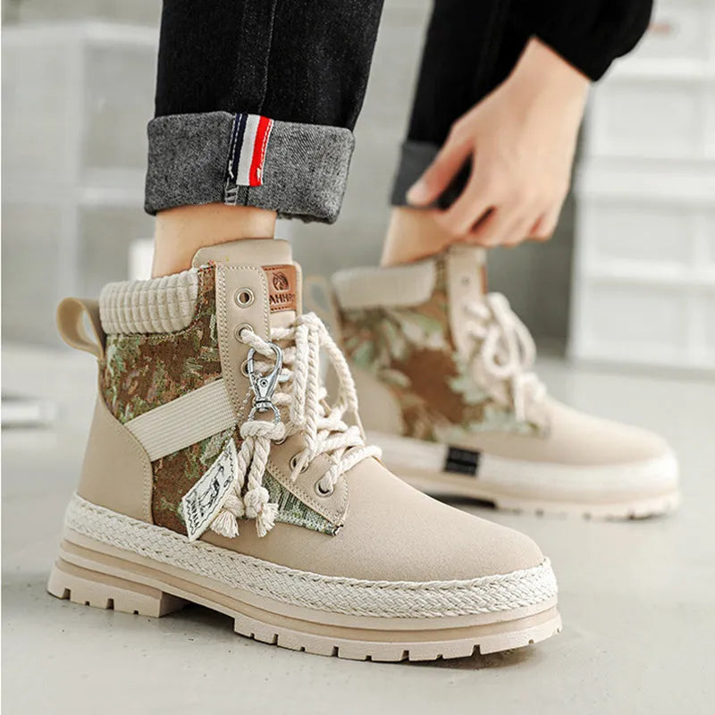 Men's high-top print boots in beige with lace-up front, chunky heel, stitching details, and leather and fabric upper