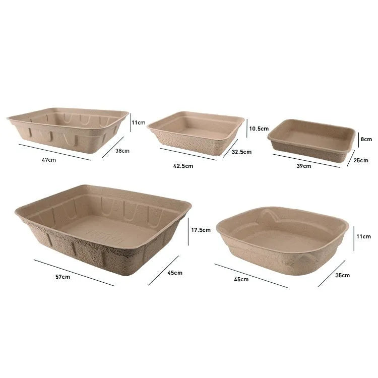 Brown disposable biodegradable cat litter box shown in one of three available sizes.