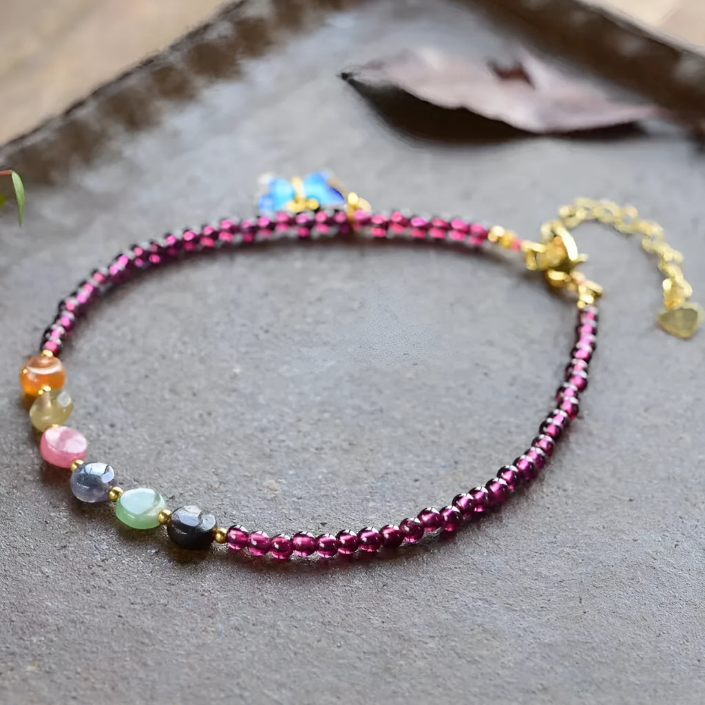 Purple garnet anklet with geometric beads in ethnic design for women