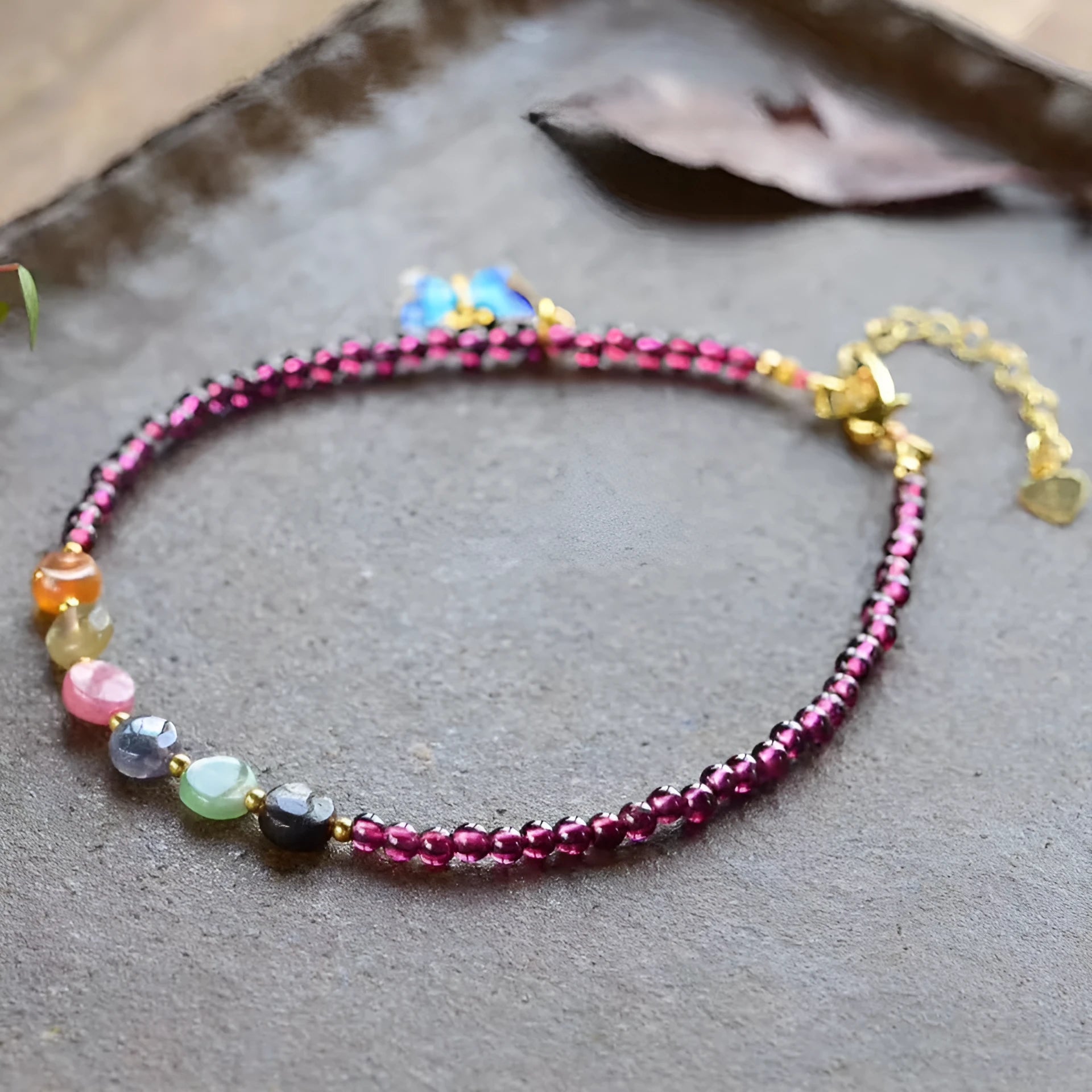 Purple garnet anklet with geometric beads in ethnic design for women