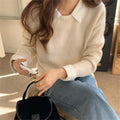 Women's loose knitwear top with contrast colour lapels in a choice of seven colours.