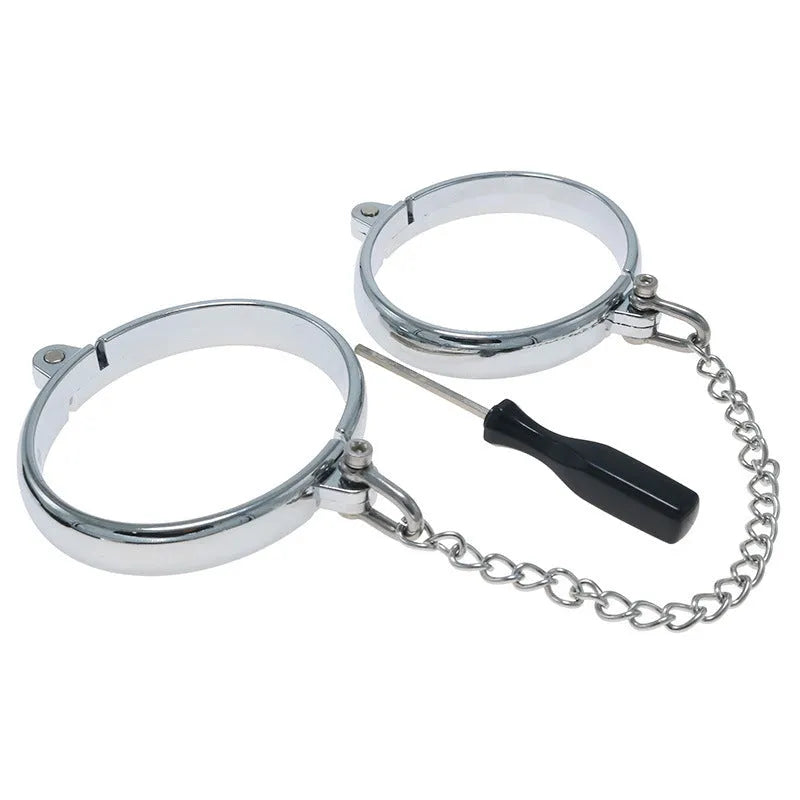 Silver zinc alloy handcuff and footcuff set with stainless steel linking chains