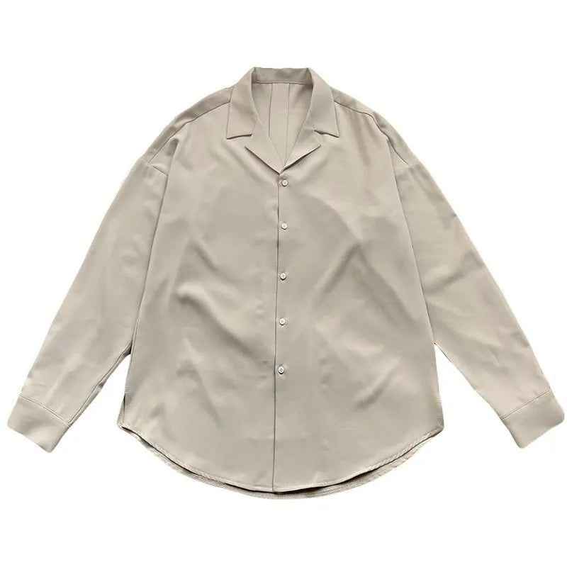 Solid colour long sleeve cardigan shirt with lapel collar in apricot, polyester fabric, front view