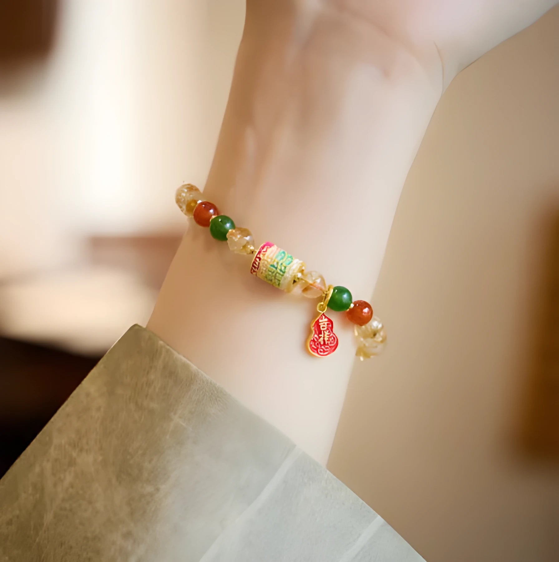 Hand-woven unisex bracelet with 6mm citrine beads in a five-sutra braid design.