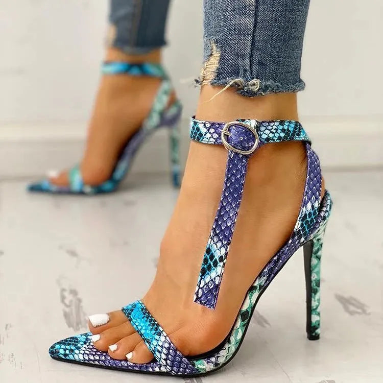 Blue women's high heels with hollow-out pattern and ankle buckle, sizes 34-43.