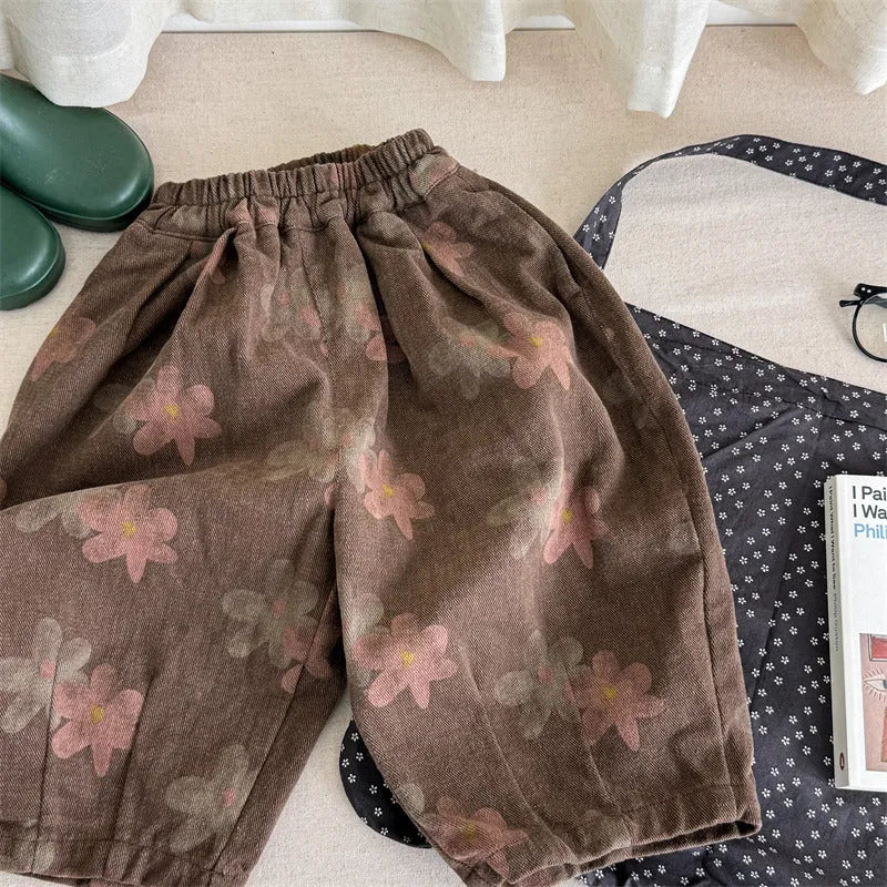 Pure cotton casual children's pants in brown and gray with high waist hair band belt for 80cm to 130cm heights