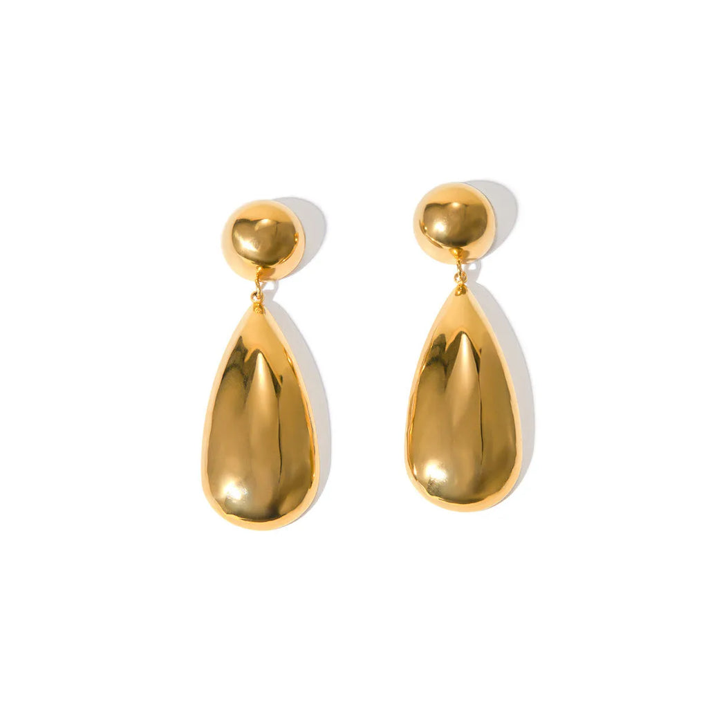 Gold stainless steel earrings with a geometric hemisphere and dangling water droplet pendant.