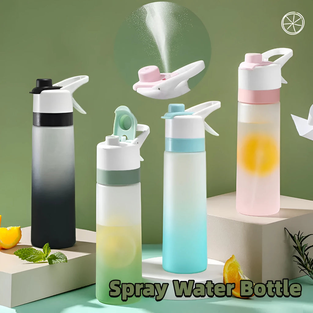 White 700ml plastic spray water bottle with handle strap and leakproof lid.