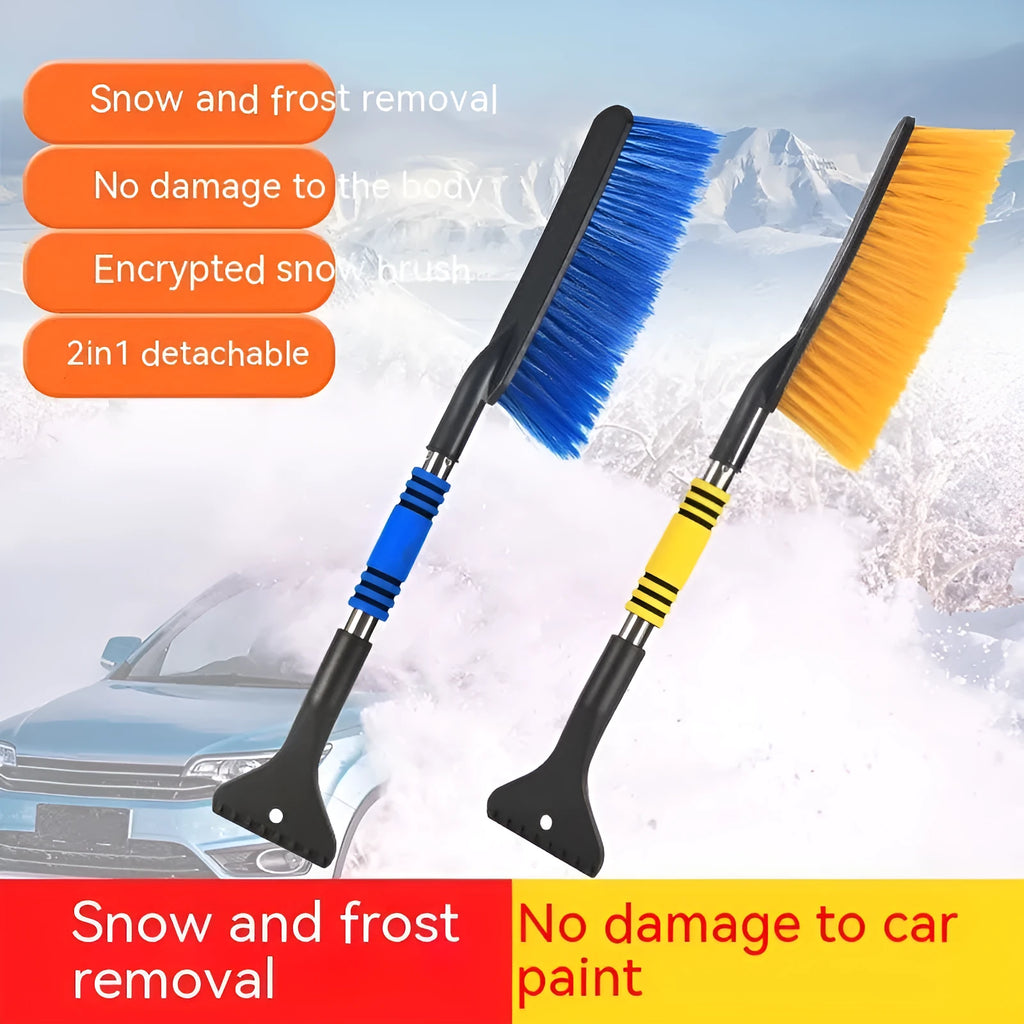 Blue telescopic car snow brush with extended handle for winter vehicle clearing