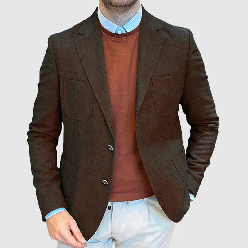 Men's loose-fit cotton tailored suit jacket in Army Green colour on a hanger.