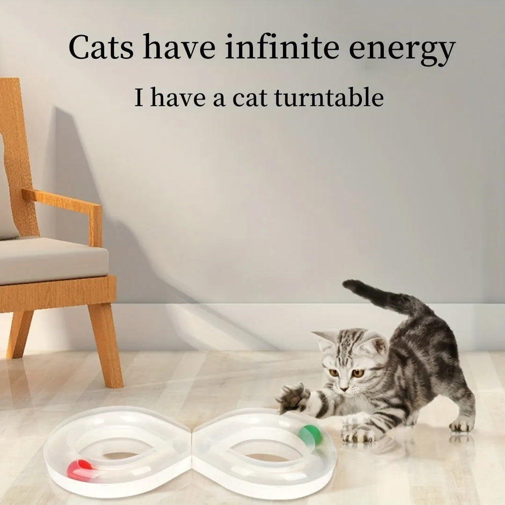 Blue and white cat turntable track toy with ball and teasing stick
