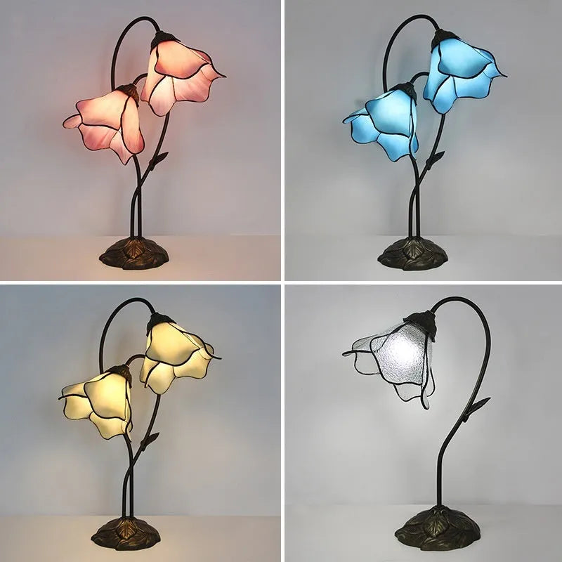 American retro classical table lamp with glass lotus flower head in choice of twelve colours and styles