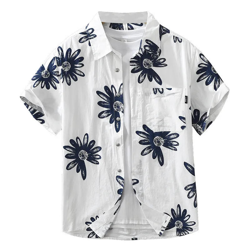 Japanese trendy printed short sleeve shirt in loose cardigan style showing white and apricot colour options