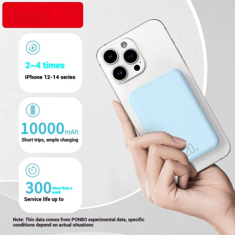 Portable magnetic wireless power bank charger with 10000mAh capacity in blue colour