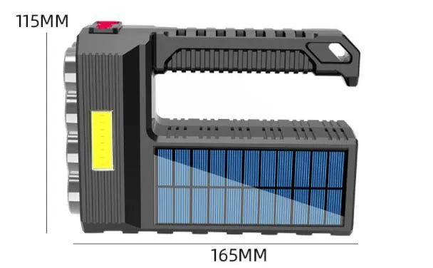 Solar rechargeable USB LED flashlight with 8 heads and side light COB, aluminium alloy body, 225g, four brightness modes